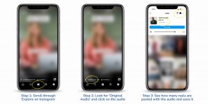Three phones showing inside the Instagram app how to find original audios