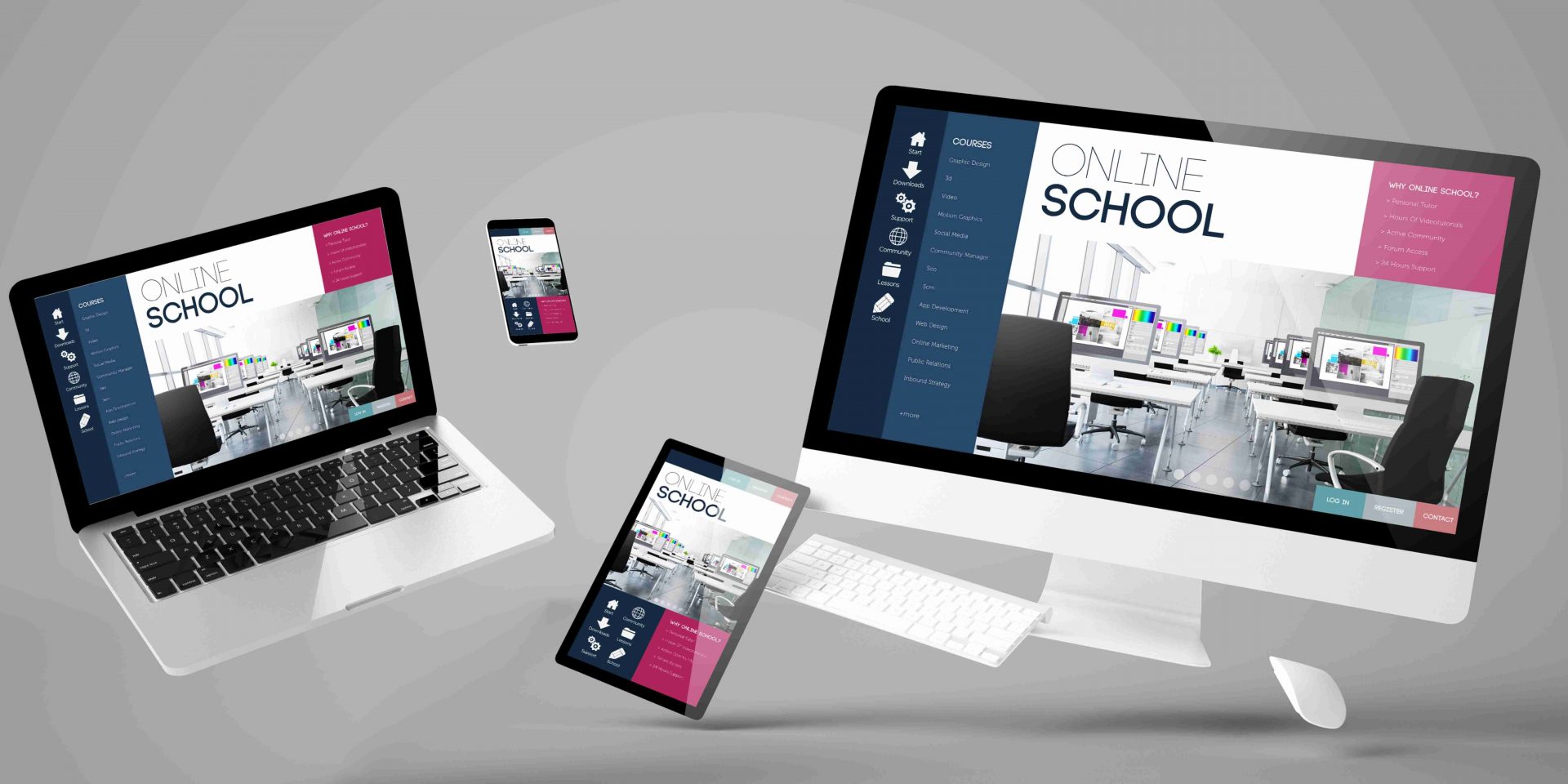 A school website shown on a computer, a tablet, laptop, and cellphone